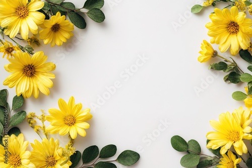 Top view frame of yellow daisies and green leaves on white background with copy space. Ideal for greeting cards, advertising banners, wedding invitations and spring themed design