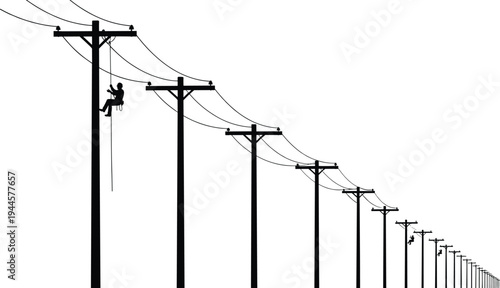 Silhouette of electrician lineman climbing utility pole repairing overhead power lines along repeating row of poles symbolizing electricity grid maintenance and energy infrastructure work