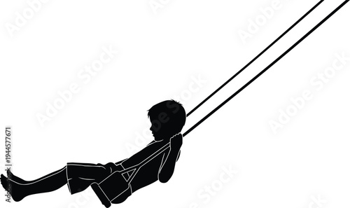 Silhouette of a young boy playing on a swing, minimalist black and white vector illustration for childhood memories, outdoor fun, playground activities, and summer freedom.