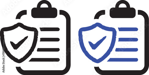 Security Checklist: A minimalist depiction of two icons, each presenting a clipboard alongside a shield, conveying a sense of protection and verified processes.