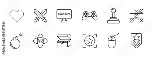 Computer games set icon. Pixel heart, crossed swords, game over screen, controller, joystick, tic tac toe, bomb, vr headset, treasure chest, target aim, mouse, rank badge.