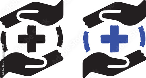 Symbol of Care: Two hands gently cradle a plus sign, representing healthcare, support, and protection. this image shows caring symbol to provide health service.
