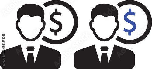 Financial Icons: A striking illustration depicts business figures flanked by coin symbols, one featuring a standard dollar sign in black and the other a bold blue dollar sign.