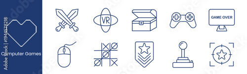 Computer games set icon. Collection with pixel heart, crossed swords, vr headset, treasure chest, game controller, game over screen, mouse, tic tac toe, rank badge, joystick, target star.