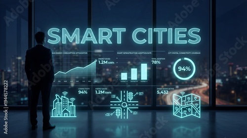 A person stands by a large window in an office looking at digital displays showing data on smart cities. The graphs highlight energy use, infrastructure adoption, and connectivity