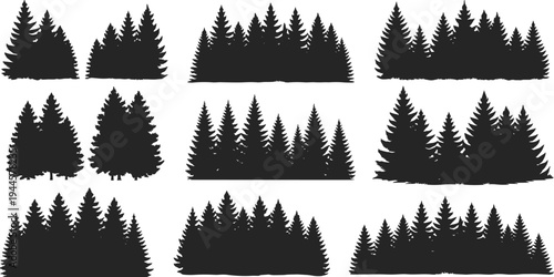 Silhouettes of various groups of pine trees against a white background tree silhouettes black and white