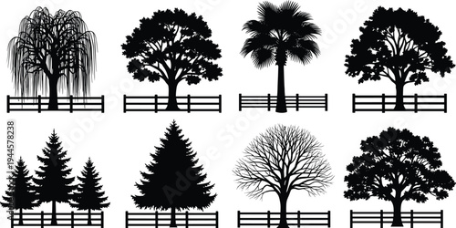 Black Tree Silhouettes with Wooden Fences Including Weeping Willow, Pine, and Oak Trees Isolated on White Background for Farm Landscape Design.