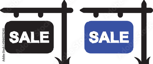 Signs of Opportunity: Two stylized sale signs, one in classic black and the other in vibrant blue, beckon potential buyers with the promise of a deal.