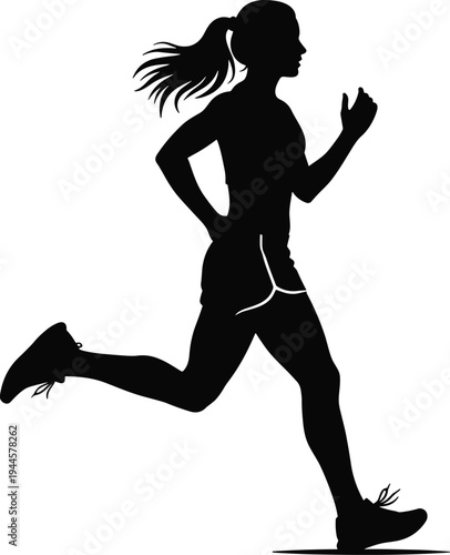 Silhouette of a young woman jogging in athletic gear and running shorts, minimalist black and white vector illustration for fitness motivation, marathon training, and healthy active lifestyle.