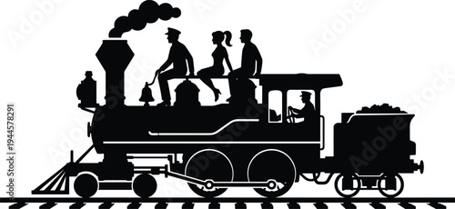Black silhouette of vintage steam train with people sitting on top, locomotive on tracks, cad drawing flat vector illustration set.