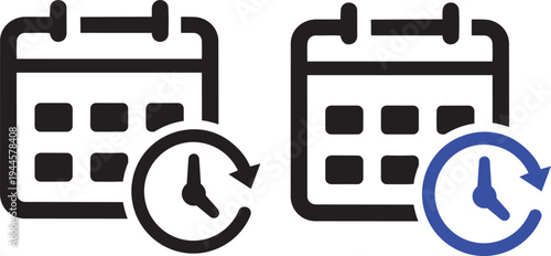 Time and Schedule Icons: Modern and minimalist calendar icons, each paired with a clock symbol, symbolizing time management, schedule planning, and deadline reminders.