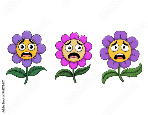 Three expressive flowers with surprised and scared faces in a row