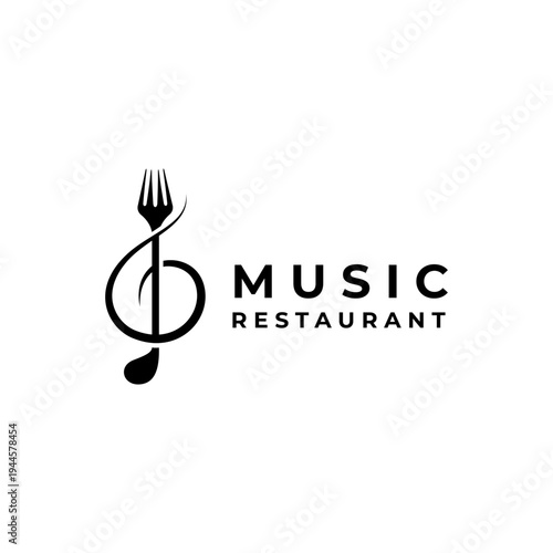restaurant music, Clef musical scale with fork cutlery for food with simple logo design style