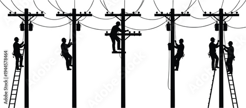 Silhouette set of electric utility linemen climbing power poles performing electrical line maintenance and repair on overhead distribution network infrastructure industry vector style