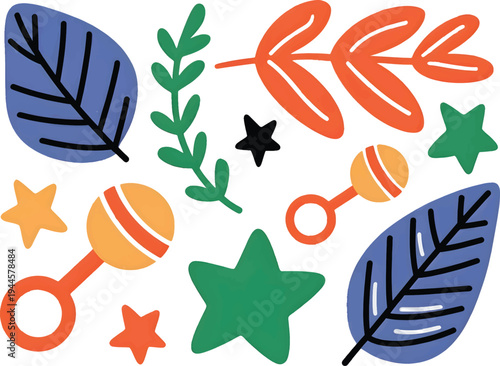 Assorted colorful baby rattles and stylized botanical elements are scattered across a white background for nursery design.
