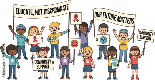 Children holding banners for community support equality awareness campaign educate not discriminate social unity kids activism vector illustration