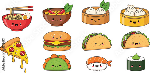 Cute kawaii fast food and Asian cuisine characters vector set with sushi, ramen, dumplings, burger, pizza and tacos