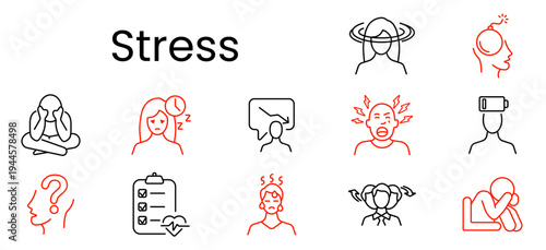 Stress set icon. Meditation, insomnia, burnout, headache, fatigue, anxiety, checklist, overwork, confusion, frustration, tension, mental health, pressure, emotion, crisis