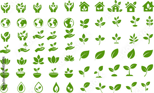 Set of 70 Green Eco-Friendly Nature and Plant Vector Icons Featuring Hands, Earth, Houses, Leaves, and Water Droplets for Environmental Design