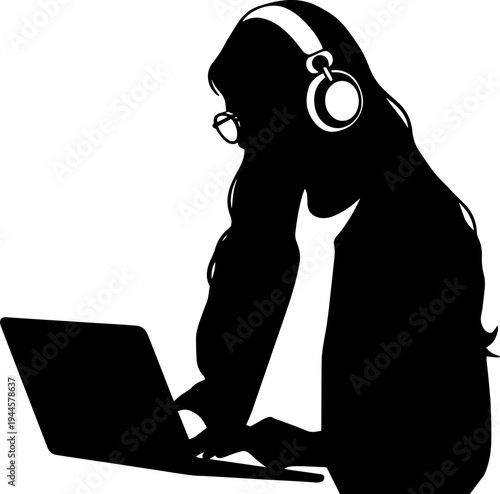 Silhouette vector illustration of a young woman wearing headphones and glasses, working or studying on a laptop, ideal for technology, education, and remote work concepts.