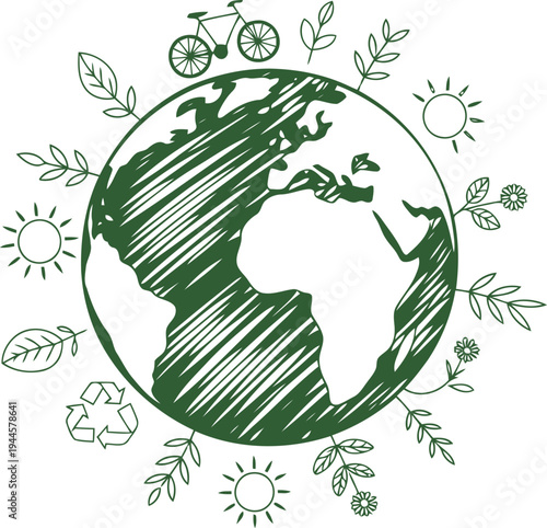 Green Earth Globe Vector Illustration with Eco-Friendly Elements, Bicycle, Leaves, and Sun for Environmental Sustainability Concepts