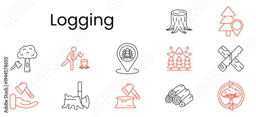 Logging set icon. Tree, axe, woodcutter, stump, forest pin, timber stack, saw blades, hand tool, chainsaw cut, replant marker, deforestation control, forestry work, lumber production, ecology impact
