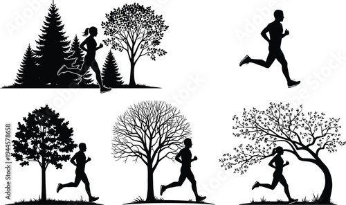 Set of black silhouettes showing men and women running in nature through trees and forests for outdoor fitness wellness