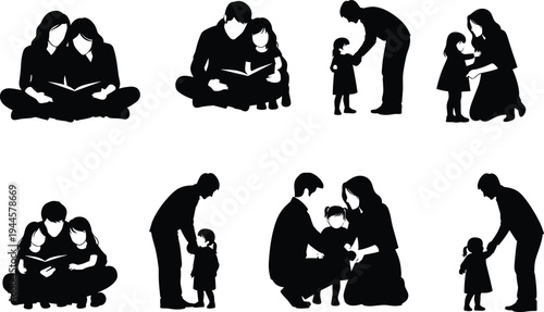 Family parenting silhouette collection showing parents reading with child teaching toddler caring mother father love parenting vector illustration set