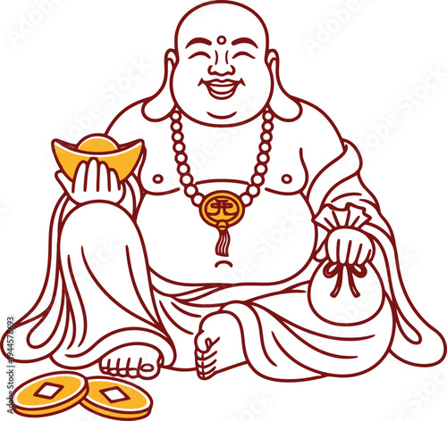 sitting laughing buddha vector illustration with gold coins and ingot for wealth and luck