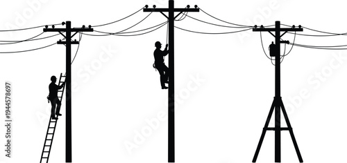 Silhouette of electricians linemen climbing utility poles repairing overhead power lines, electrical maintenance workers servicing energy distribution grid and high voltage cables at work