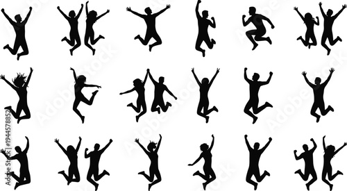 Black silhouettes of diverse people jumping and celebrating, large vector set of happy men and women in various active poses.