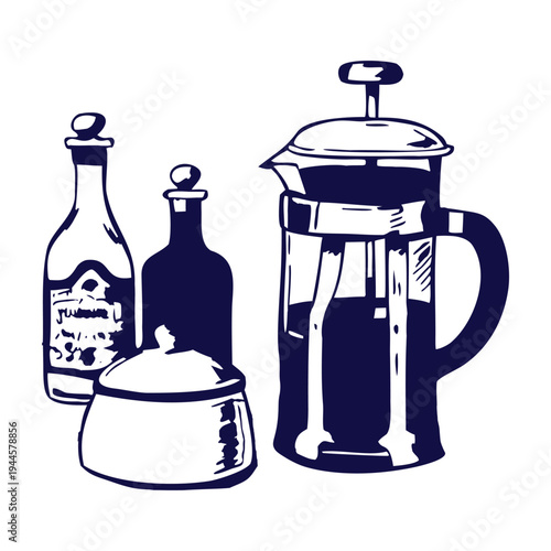 Hand drawn French press coffee maker with bottles and sugar bowl in bold vintage style, perfect for cafe logos, menu design, packaging, posters and coffee shop branding