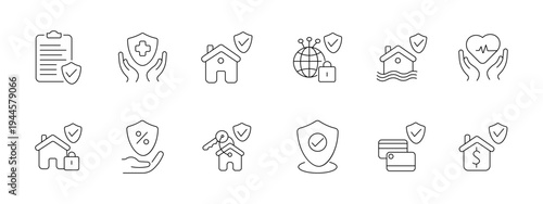 Security insurance protection set icon. Clipboard medical home global flood health lock shield house percent keys check card property depict safety coverage.