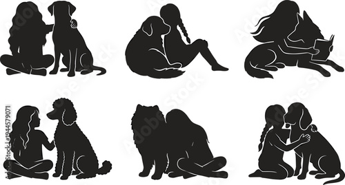 Black silhouettes of girls with dogs, children hugging pets, reading with animals, friendship collection, cad drawing flat vector illustration.