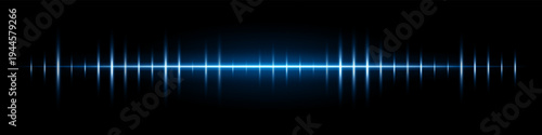 Horizontal light waveform composition. Bright glowing line, vertical pulse spikes, radiant center, dark gradient backdrop, abstract audio signal atmosphere, luminous energy effect.