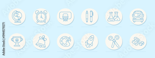 School education set icon. Globe, alarm clock, basketball hoop, pen, chemistry flask, bus, trophy, bell, palette, rocket, scissors, books outline collection.