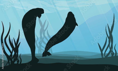 Two Beluga Whales Silhouette Swimming in Blue Arctic Water with Sun Rays and Seaweed, White Whale Marine Life Vector Illustration, Ocean Background