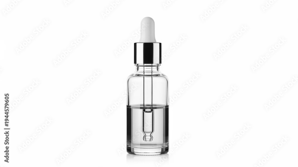 Naklejka premium Glass dropper bottle with liquid, isolated on white background