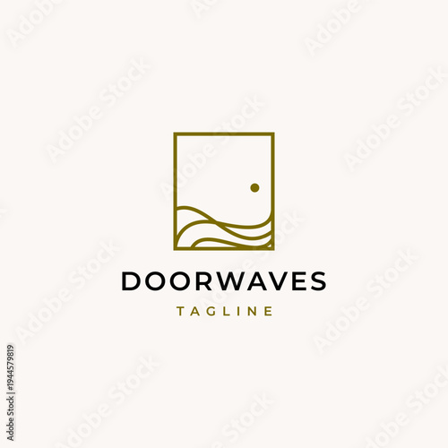 Door water wave beach hotel line art logo vector icon illustration