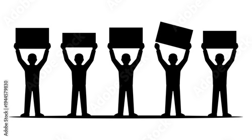 A group of five silhouetted people standing in a line, each holding up a box above their head, conveying teamwork, unity, and cooperation, with a simple white background.