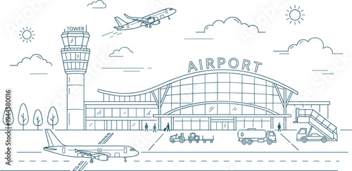Airport terminal building line art vector featuring control tower airplanes on runway fuel truck and passenger stairs.