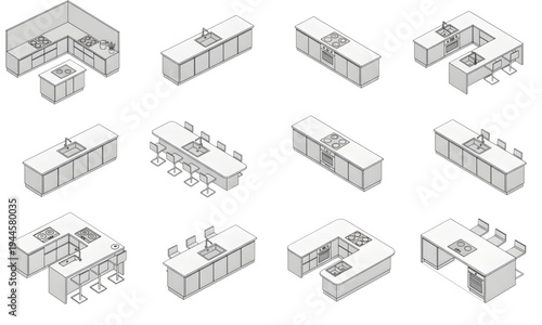 Modern Isometric Kitchen Island and Cabinet Layout Diagrams - Minimalist Line Art Vector Collection for Interior Design Planning