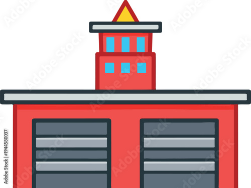 Vector fire station icon, red building with gray garage doors