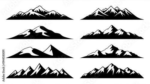 Collection of eight stylized black and white mountain range silhouettes with sharp peaks and jagged edges