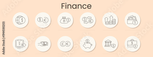 Finance set icon. Global currency, exchange arrows, money bag, growth coins, wallet cash, briefcase, handshake payment, euro pound, piggybank, bank building, safe case, investment planning