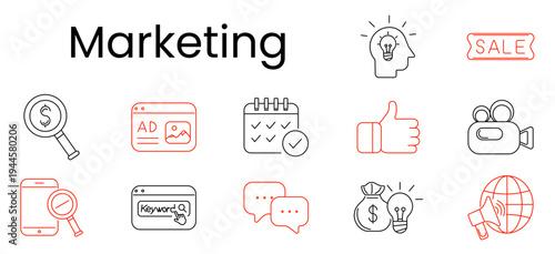 Marketing set icon. Outline pictograms, dollar search, ad webpage, calendar check, thumb up, camera, smartphone search, keyword browser, chat bubbles, money bag bulb, megaphone globe