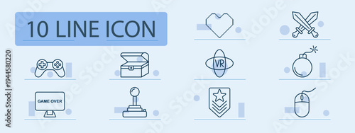 Gaming fantasy set icon. Controller, chest, vr, heart, swords, bomb, joystick, badge, mouse, adventure, quest, battle, victory, treasure, virtual, entertainment