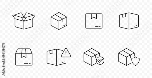 Delivery packaging set icon. Open box, sealed carton, parcel label, warning package, verified shipment, secure cargo, logistics service