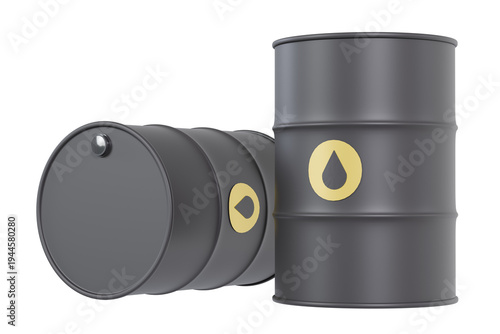 Oil barrels container set 3D render featuring black metal petroleum drums with yellow oil drop symbols, one upright and two lying horizontally, angled perspective centered in frame, isolated on transp