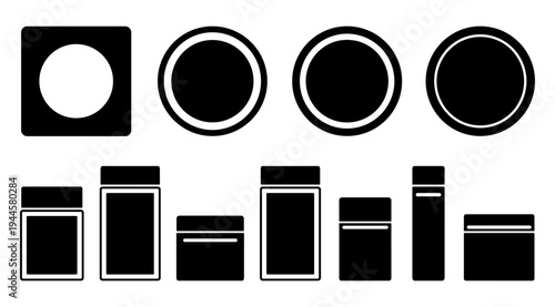 A collection of black and white geometric shapes and icons on a plain white background, featuring circles, squares, and rectangles with clean lines and minimalist design.